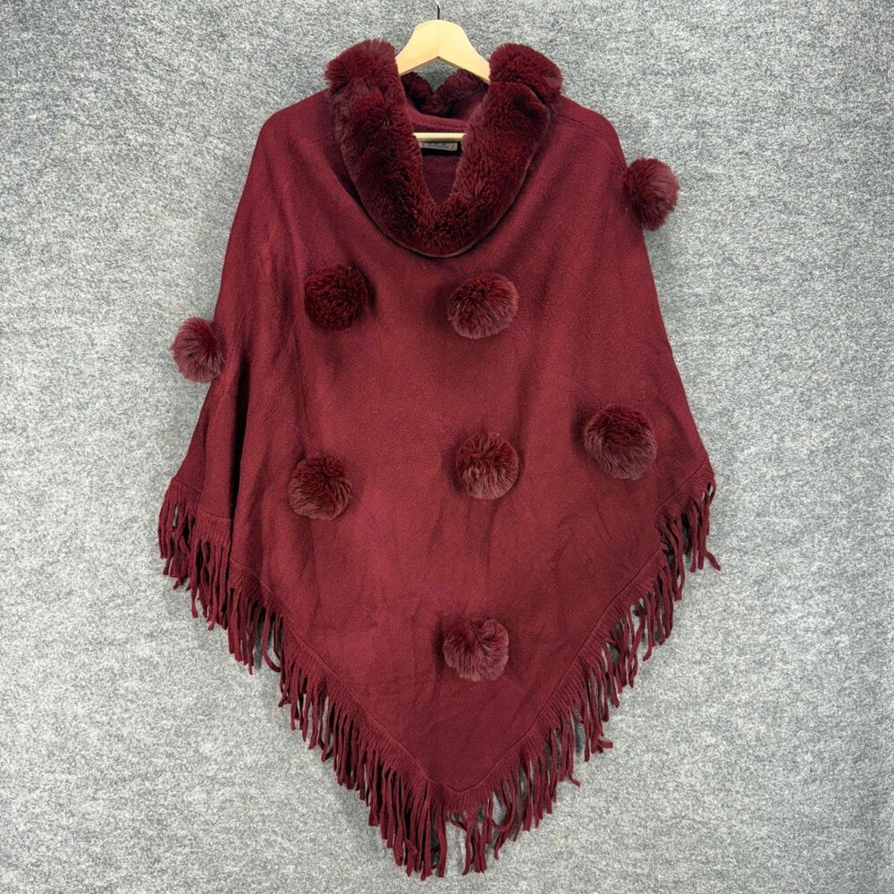 Lida Collection Cape Women One Size Red Pompon Fronge V-Neck Viscose Casual